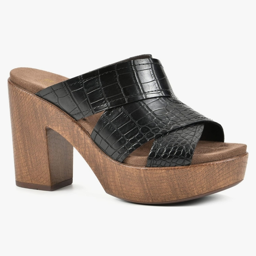 White Mountain Black and Brown Mules with Wooden Platform